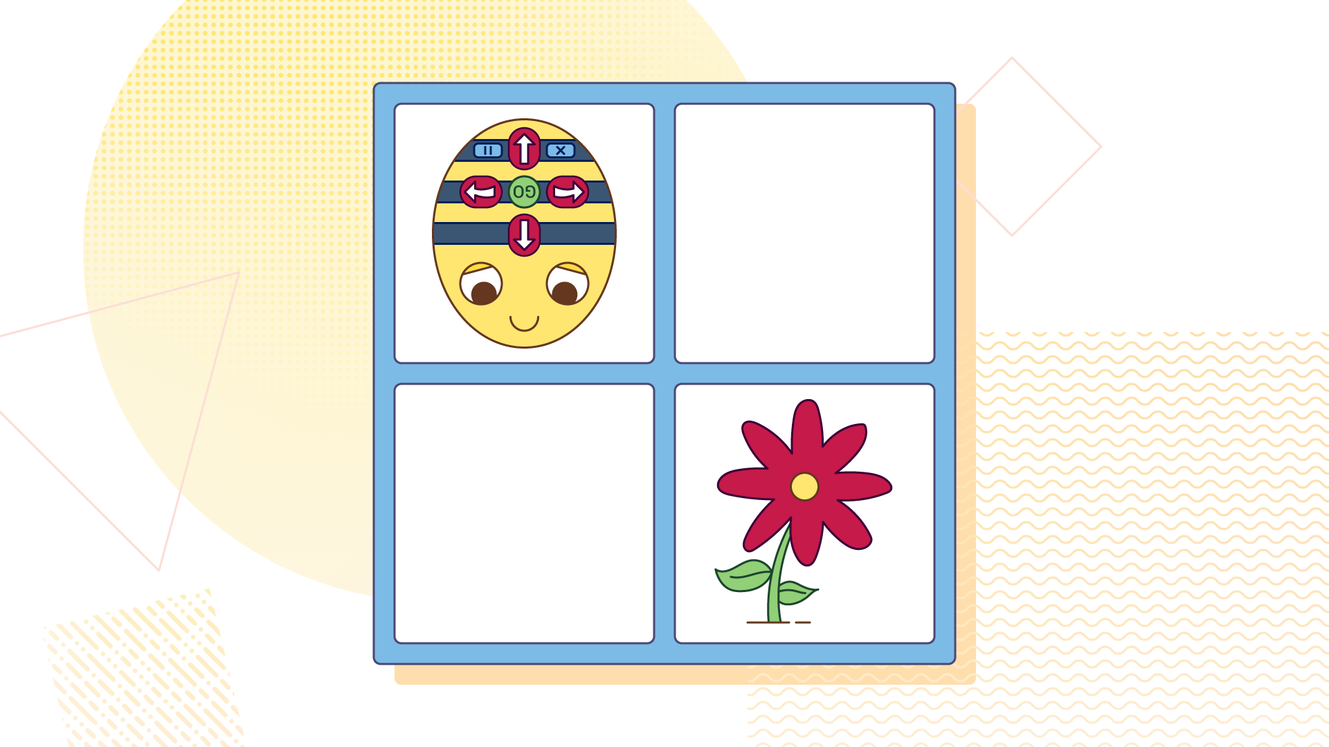 A still of fakebot activty. This consists of a 2 by 2 grid with a flower in the bottom right and a fakeot with up, down, left, right, go, cross and pause buttons in the top left