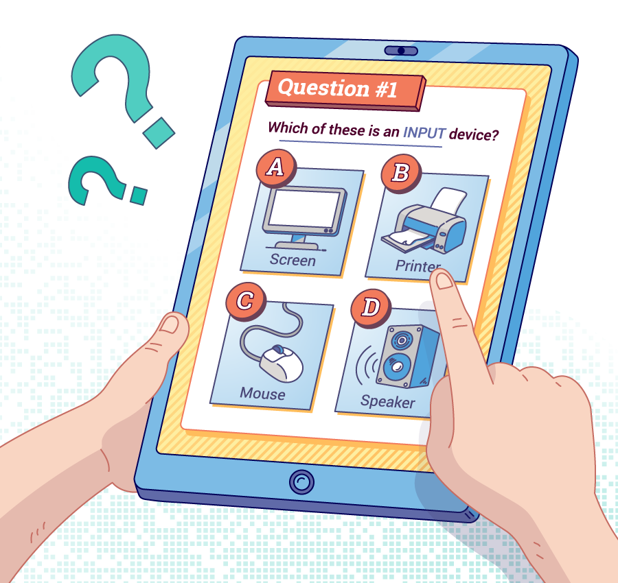 image of student’s hand selecting a multiple choice question on a tablet