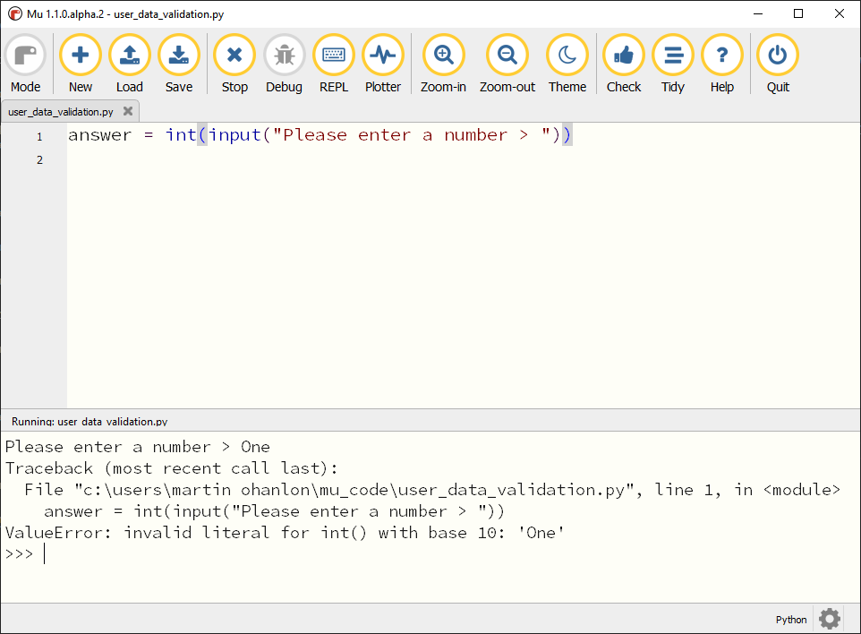 Mu IDE running the program above, with the text "Hello" entered in response and a `ValueError` exception shown