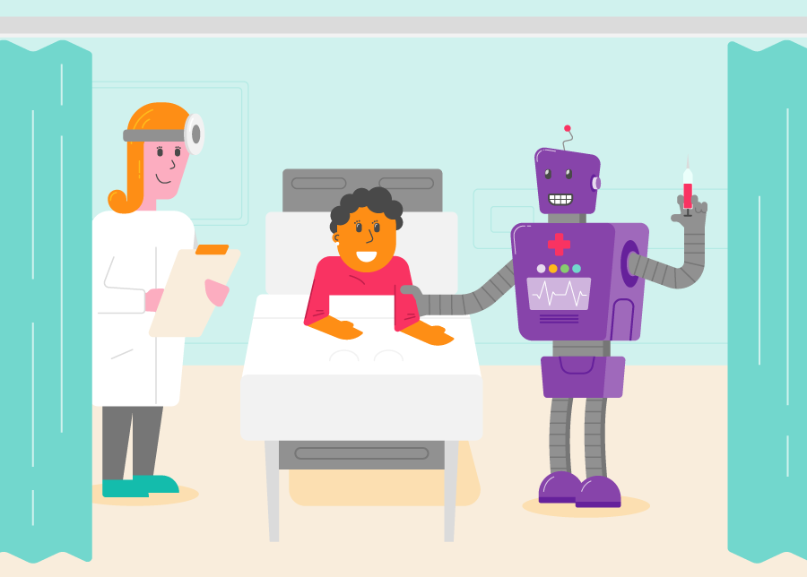 A doctor robot, attending a patient in a bed. The patient is smiling but looks slightly uneasy.