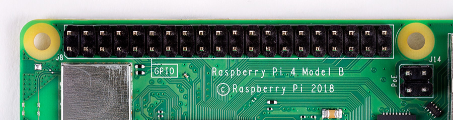 The GPIO pins on a Raspberry Pi 4 with a 40 pin header