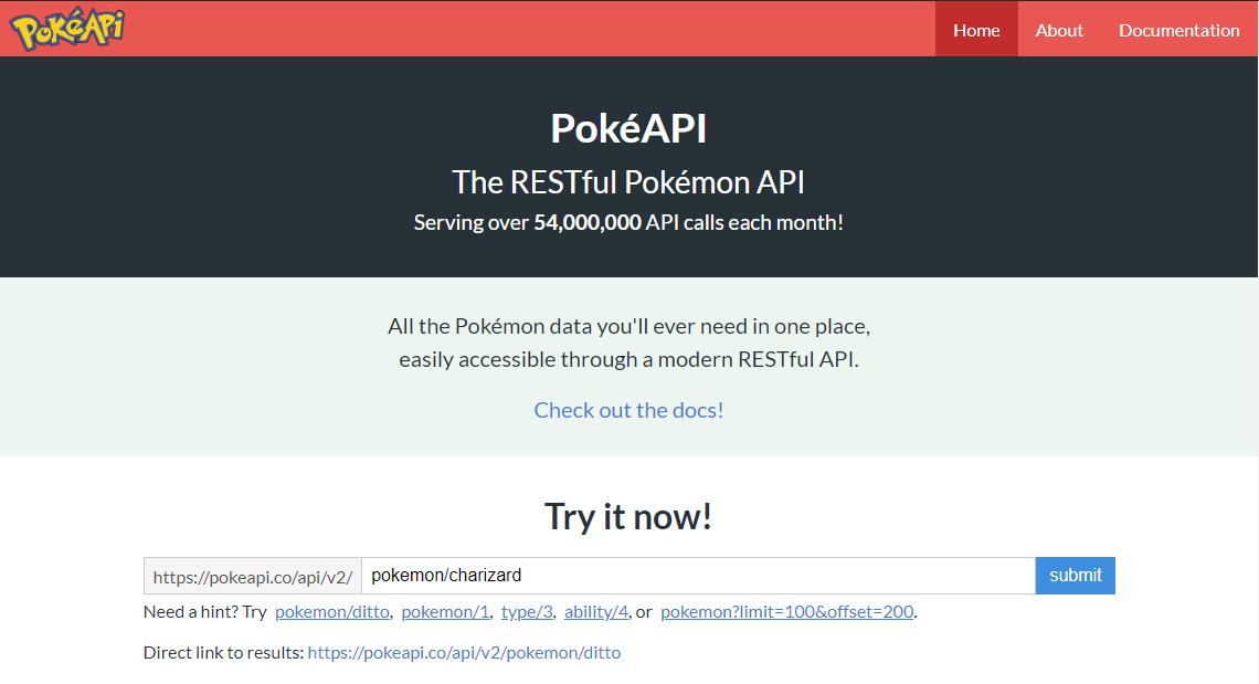 Screenshot of the pokeapi.co website